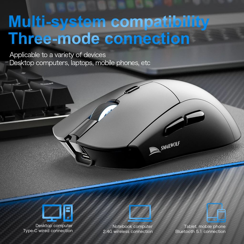 Mouse Gamer Sem Fio SMAILWOLF RS7 Bluetooth – 20000 DPI, PAW3311, Macro | Notebook e Desktop