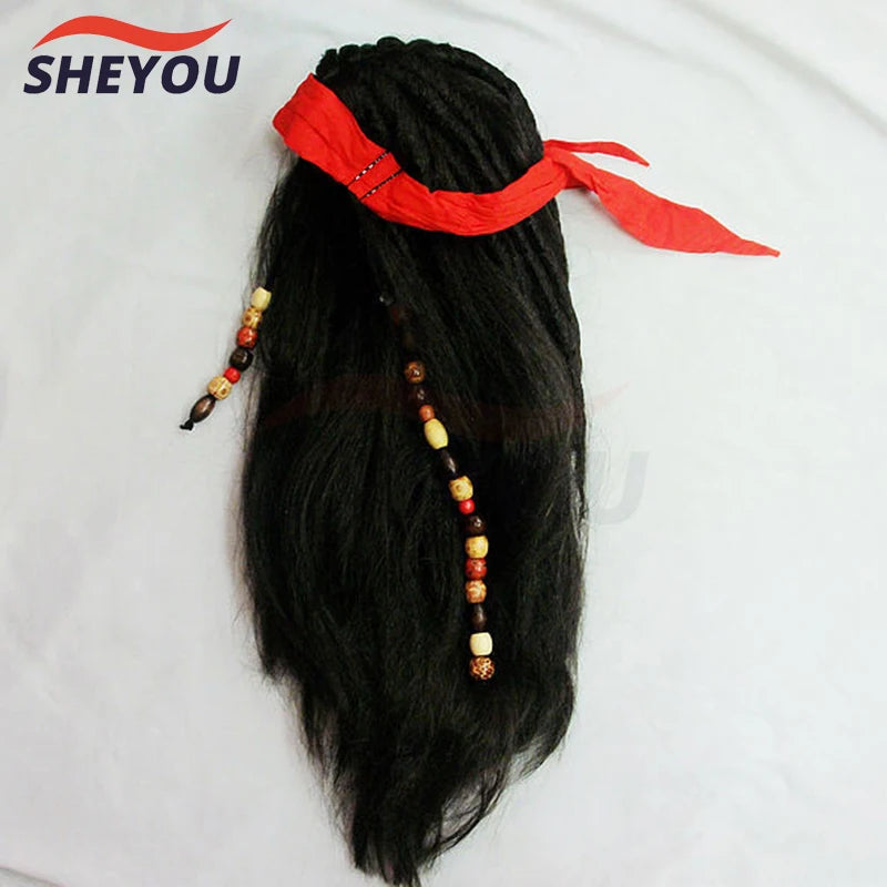 Peruca Jack Sparrow Cosplay – Piratas do Caribe | Cabelo Sintético + Chapéu para Halloween