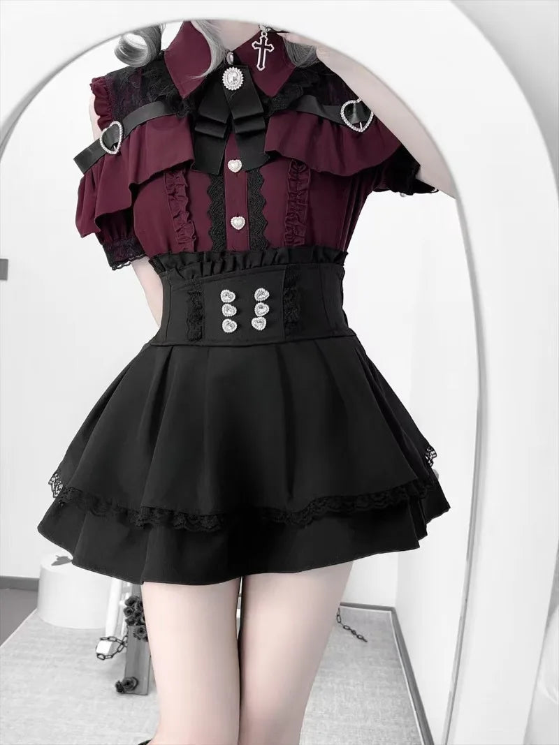 Conjunto Jirai Kei Lolita Y2K – Blusa de Renda Manga Curta/Longa + Saia Preta Kawaii