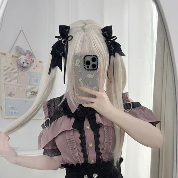 Conjunto Jirai Kei Lolita Y2K – Blusa de Renda Manga Curta/Longa + Saia Preta Kawaii
