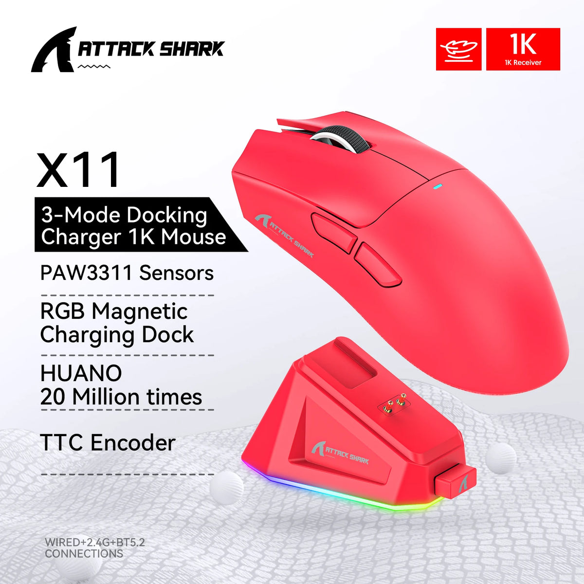 Mouse Gamer Attack Shark X11 Sem Fio Bluetooth 3 Modos – RGB, PAW3311, Carregamento Magnético