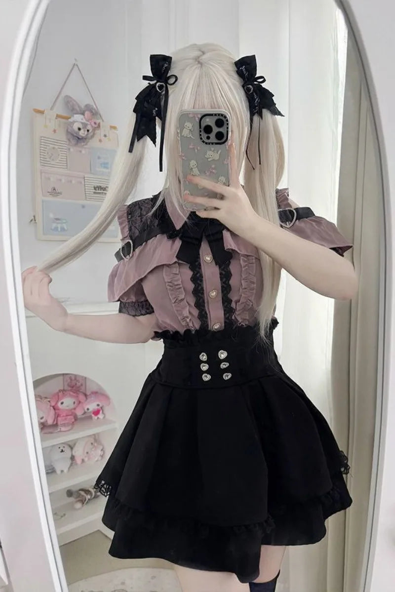 Conjunto Jirai Kei Lolita Y2K – Blusa de Renda Manga Curta/Longa + Saia Preta Kawaii
