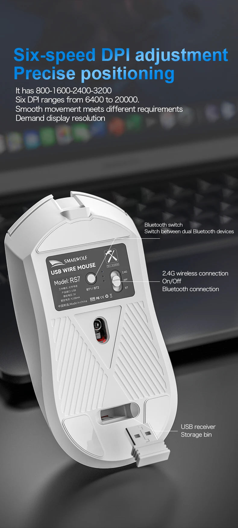 Mouse Gamer Sem Fio SMAILWOLF RS7 Bluetooth – 20000 DPI, PAW3311, Macro | Notebook e Desktop
