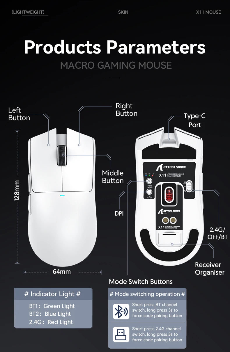 Mouse Gamer Attack Shark X11 Sem Fio Bluetooth 3 Modos – RGB, PAW3311, Carregamento Magnético
