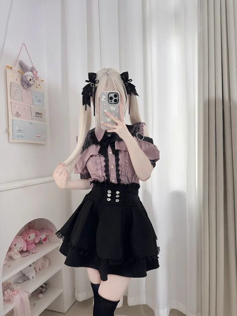Conjunto Jirai Kei Lolita Y2K – Blusa de Renda Manga Curta/Longa + Saia Preta Kawaii