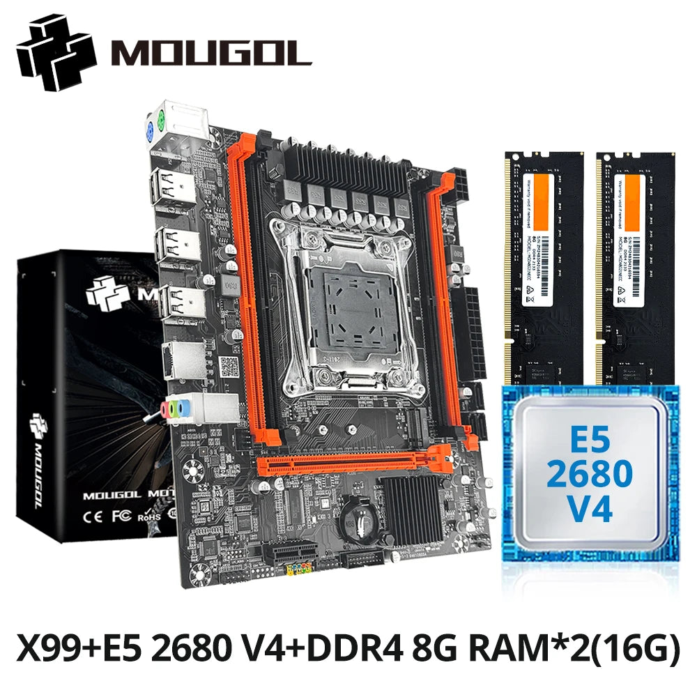 Kit Placa-Mãe Gamer MOUGOL X99 com Xeon E5 2680 V4, DDR4 16GB Dual Channel e NVME M.2