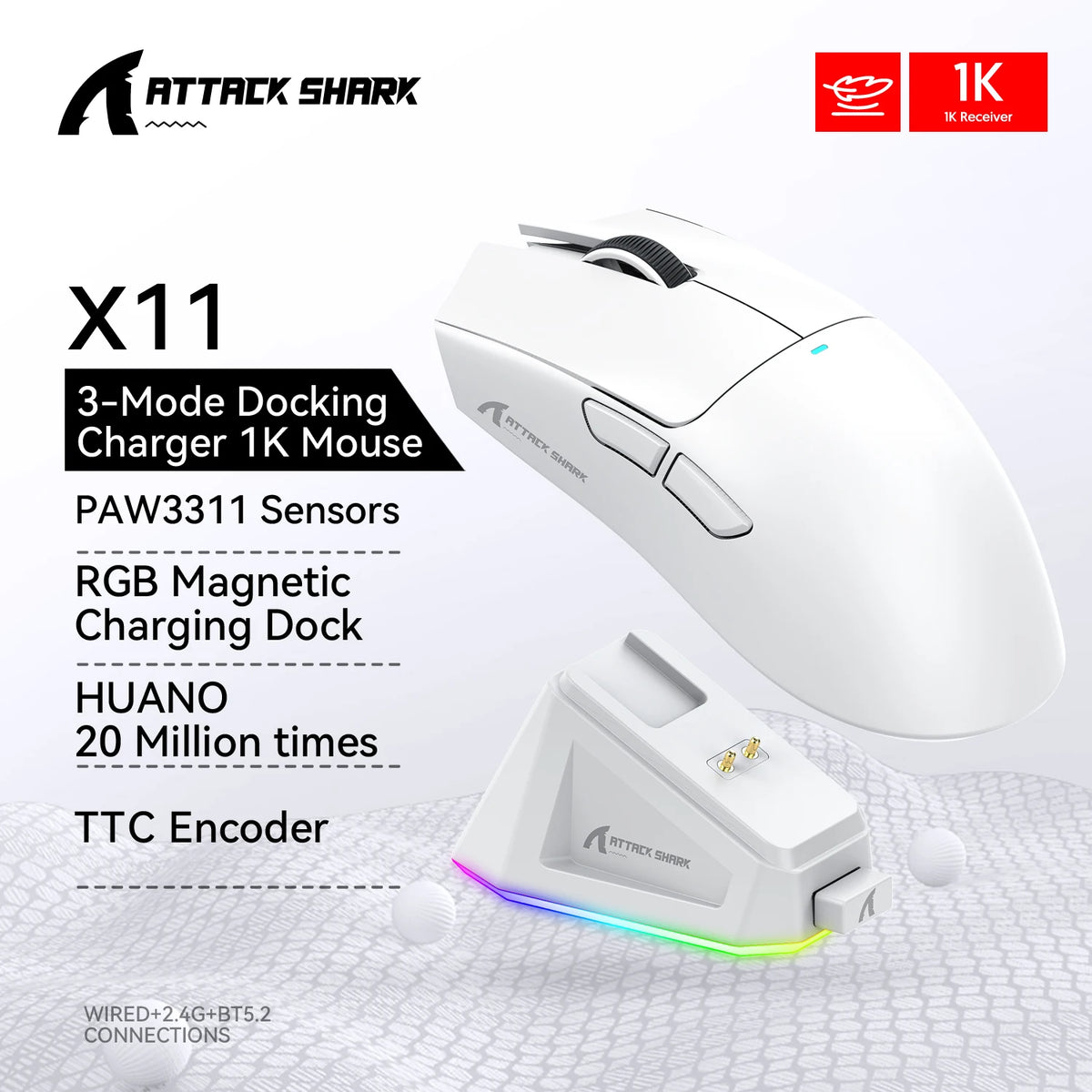 Mouse Gamer Attack Shark X11 Sem Fio Bluetooth 3 Modos – RGB, PAW3311, Carregamento Magnético