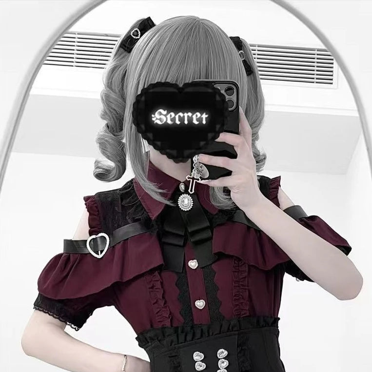 Conjunto Jirai Kei Lolita Y2K – Blusa de Renda Manga Curta/Longa + Saia Preta Kawaii