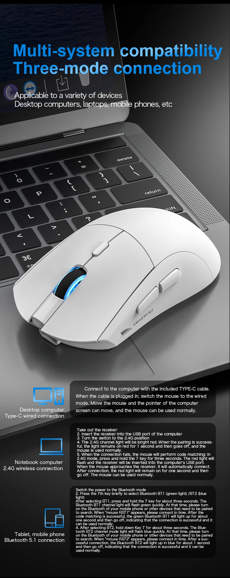 Mouse Gamer Sem Fio SMAILWOLF RS7 Bluetooth – 20000 DPI, PAW3311, Macro | Notebook e Desktop