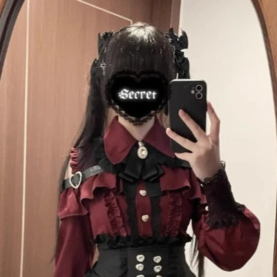 Conjunto Jirai Kei Lolita Y2K – Blusa de Renda Manga Curta/Longa + Saia Preta Kawaii