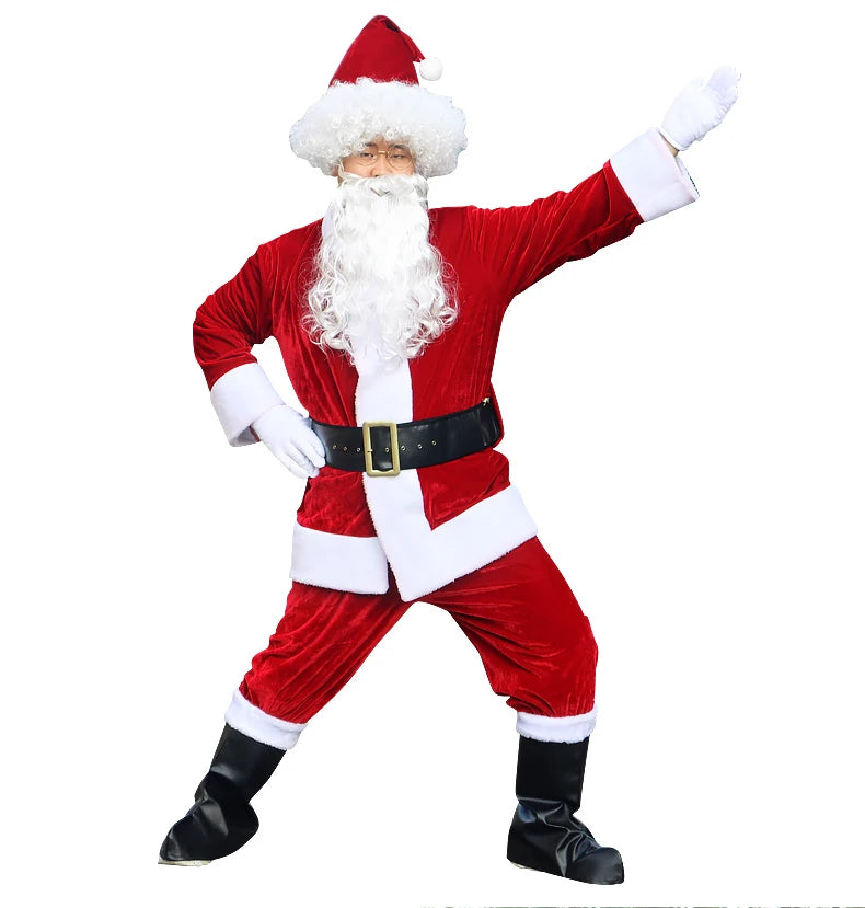 Fantasia Papai Noel Cosplay – Conjunto Veludo Dourado Natal | 5 a 10 Peças Adulto