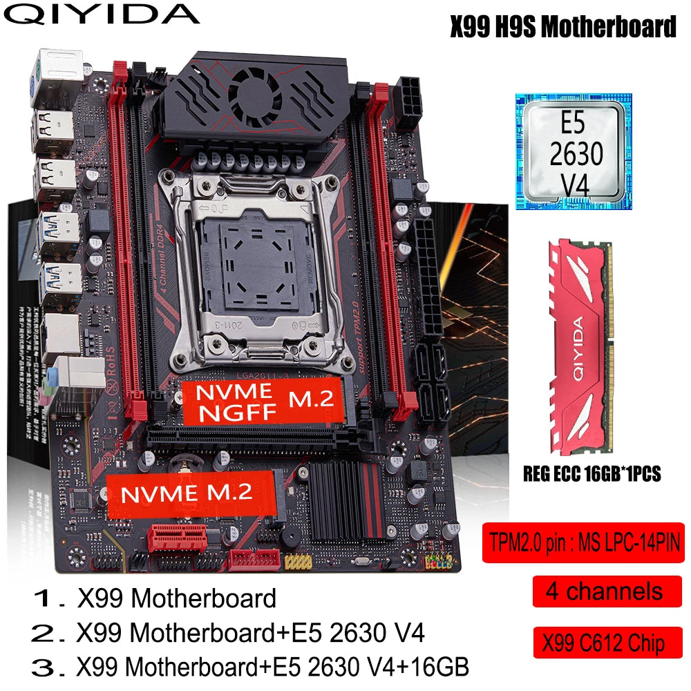 Kit Placa-Mãe QIYIDA X99 H9S com Xeon E5 2630 V4, DDR4 16GB, NVME M.2 e TPM 2.0