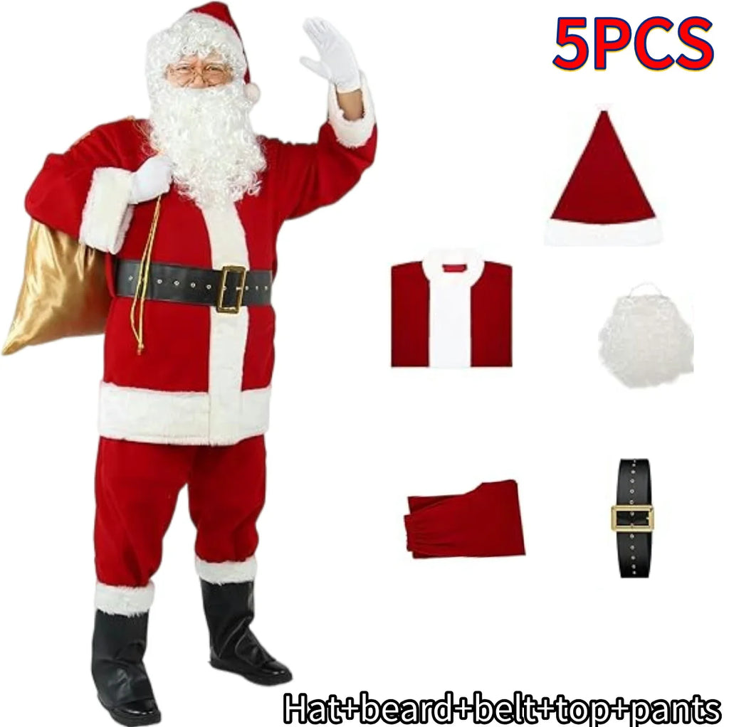 Fantasia Papai Noel Cosplay – Conjunto Veludo Dourado Natal | 5 a 10 Peças Adulto