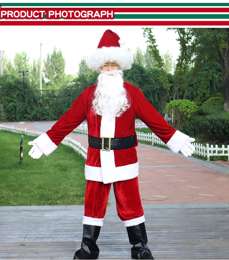 Fantasia Papai Noel Cosplay – Conjunto Veludo Dourado Natal | 5 a 10 Peças Adulto