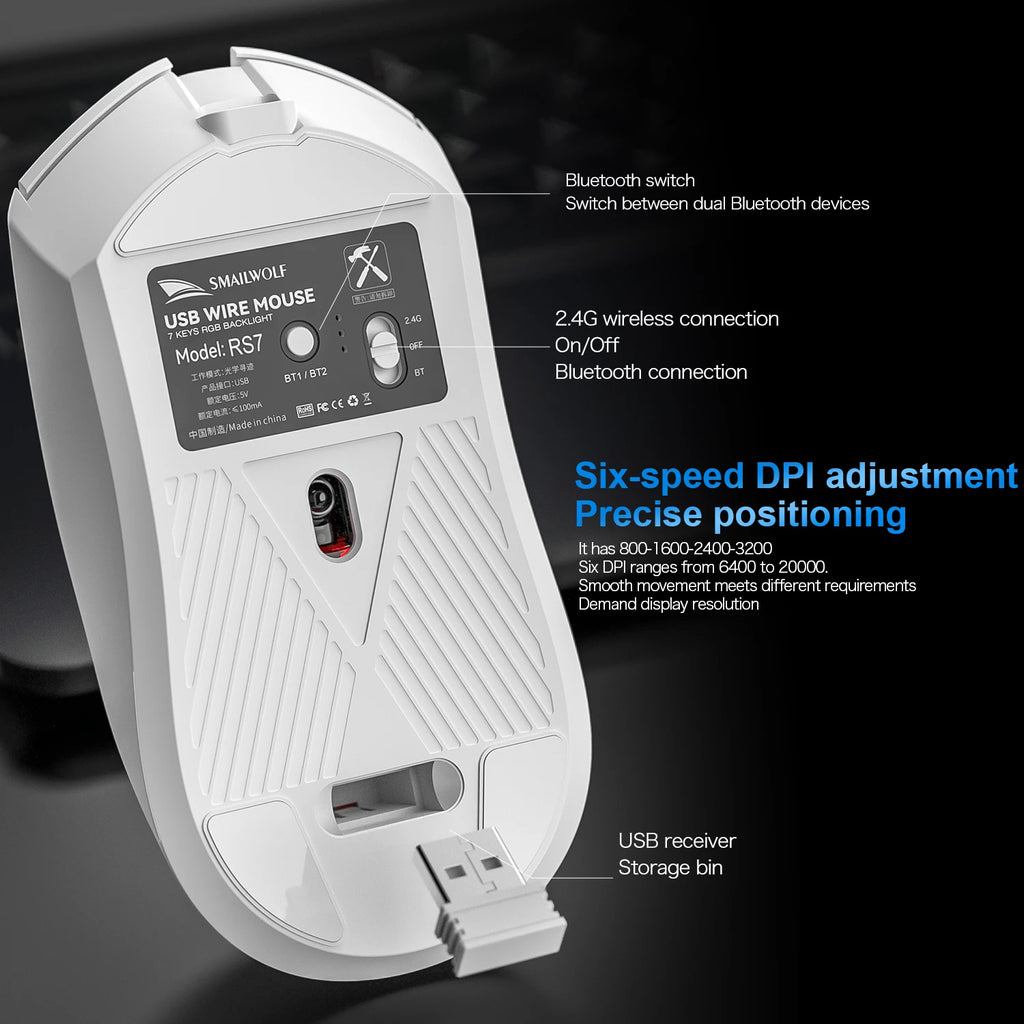 Mouse Gamer Sem Fio SMAILWOLF RS7 Bluetooth – 20000 DPI, PAW3311, Macro | Notebook e Desktop