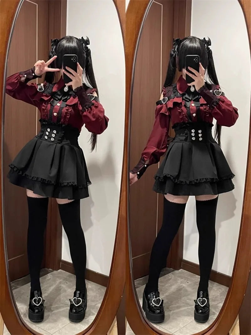 Conjunto Jirai Kei Lolita Y2K – Blusa de Renda Manga Curta/Longa + Saia Preta Kawaii