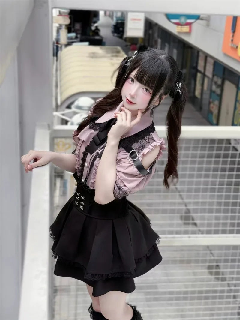Conjunto Jirai Kei Lolita Y2K – Blusa de Renda Manga Curta/Longa + Saia Preta Kawaii