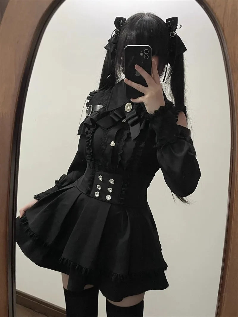 Conjunto Jirai Kei Lolita Y2K – Blusa de Renda Manga Curta/Longa + Saia Preta Kawaii