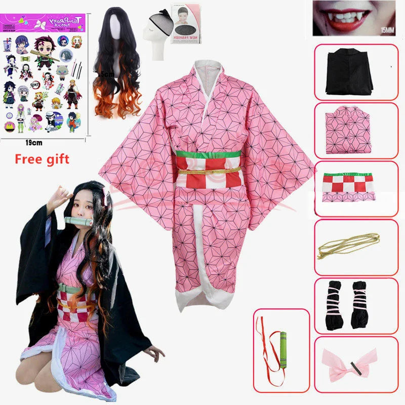 Fantasia Kamado Nezuko Cosplay – Demon Slayer | Kimono para Meninas e Adultos