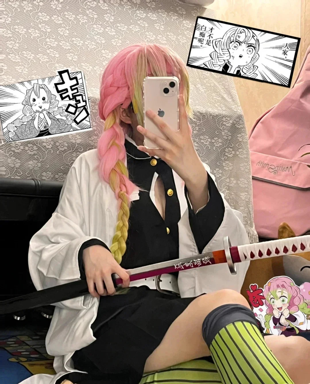 Fantasia Kanroji Mitsuri Cosplay Kit Tattoo – Demon Slayer | Kimono Haori com Peruca