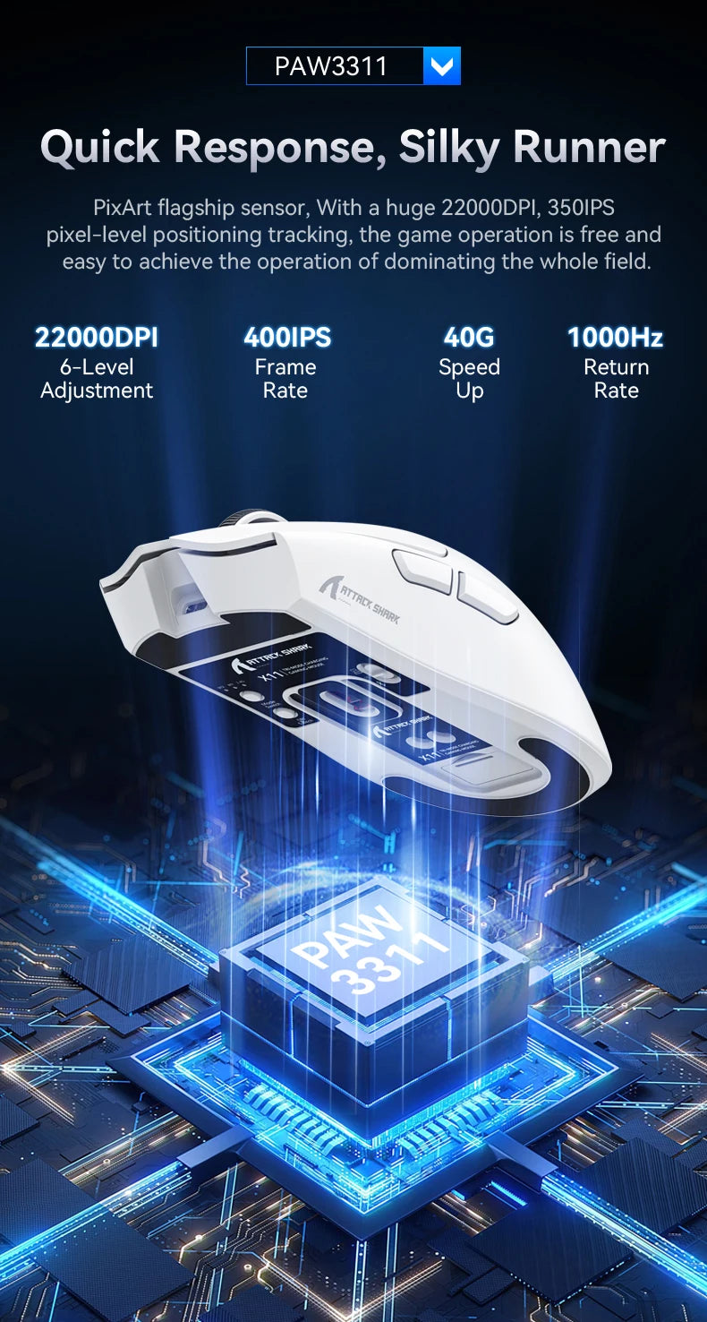 Mouse Gamer Attack Shark X11 Sem Fio Bluetooth 3 Modos – RGB, PAW3311, Carregamento Magnético