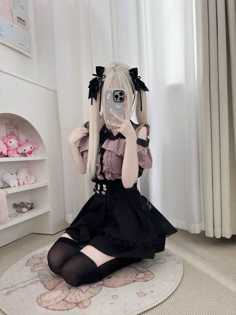 Conjunto Jirai Kei Lolita Y2K – Blusa de Renda Manga Curta/Longa + Saia Preta Kawaii
