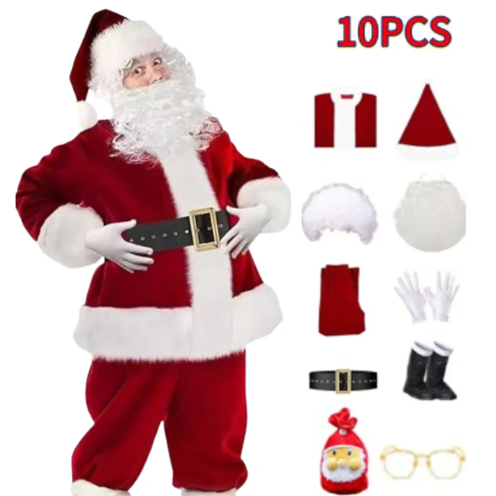 Fantasia Papai Noel Cosplay – Conjunto Veludo Dourado Natal | 5 a 10 Peças Adulto