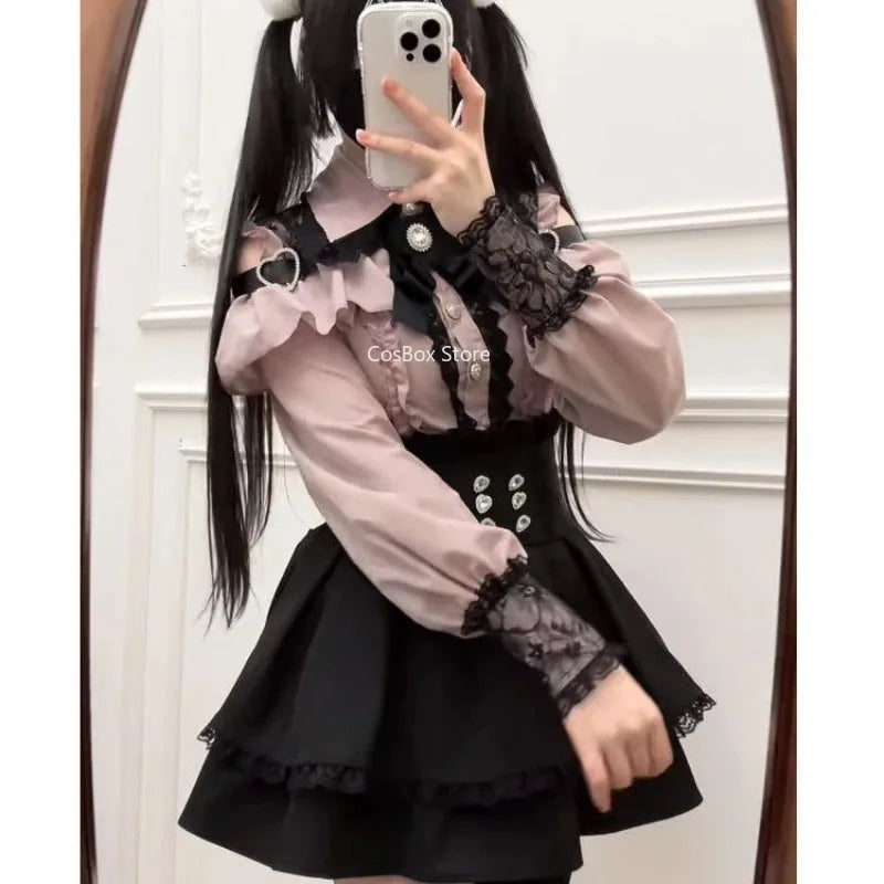 Conjunto Jirai Kei Lolita Y2K – Blusa de Renda Manga Curta/Longa + Saia Preta Kawaii