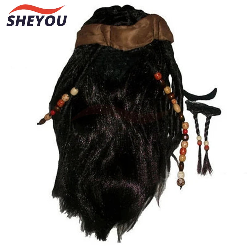 Peruca Jack Sparrow Cosplay – Piratas do Caribe | Cabelo Sintético + Chapéu para Halloween