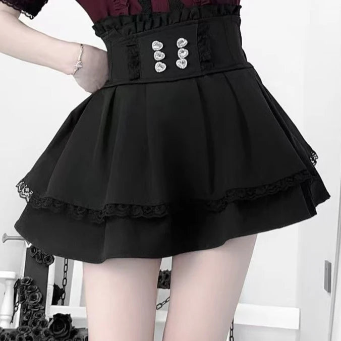 Conjunto Jirai Kei Lolita Y2K – Blusa de Renda Manga Curta/Longa + Saia Preta Kawaii
