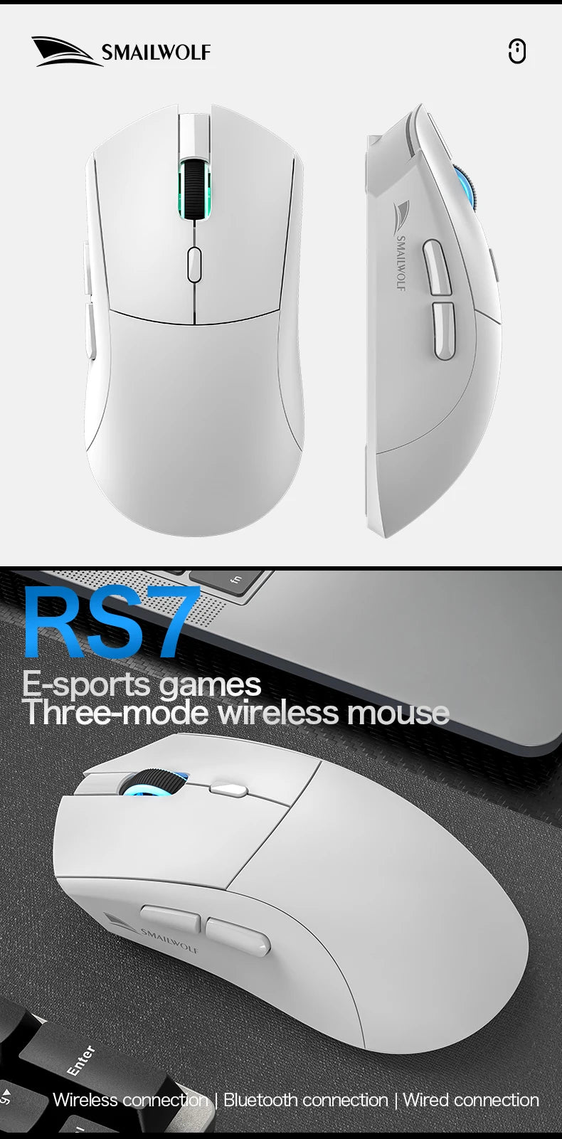 Mouse Gamer Sem Fio SMAILWOLF RS7 Bluetooth – 20000 DPI, PAW3311, Macro | Notebook e Desktop