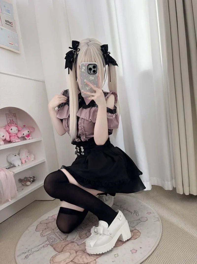 Conjunto Jirai Kei Lolita Y2K – Blusa de Renda Manga Curta/Longa + Saia Preta Kawaii