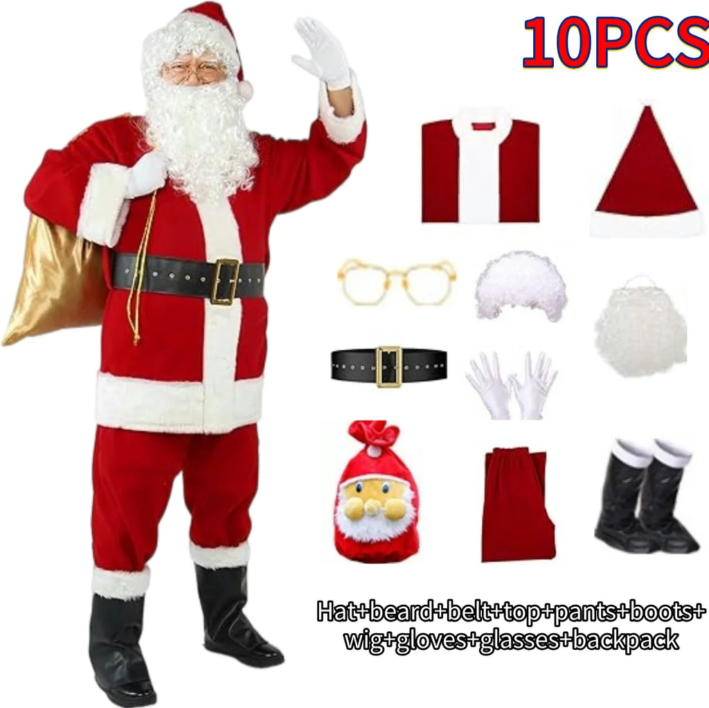 Fantasia Papai Noel Cosplay – Conjunto Veludo Dourado Natal | 5 a 10 Peças Adulto