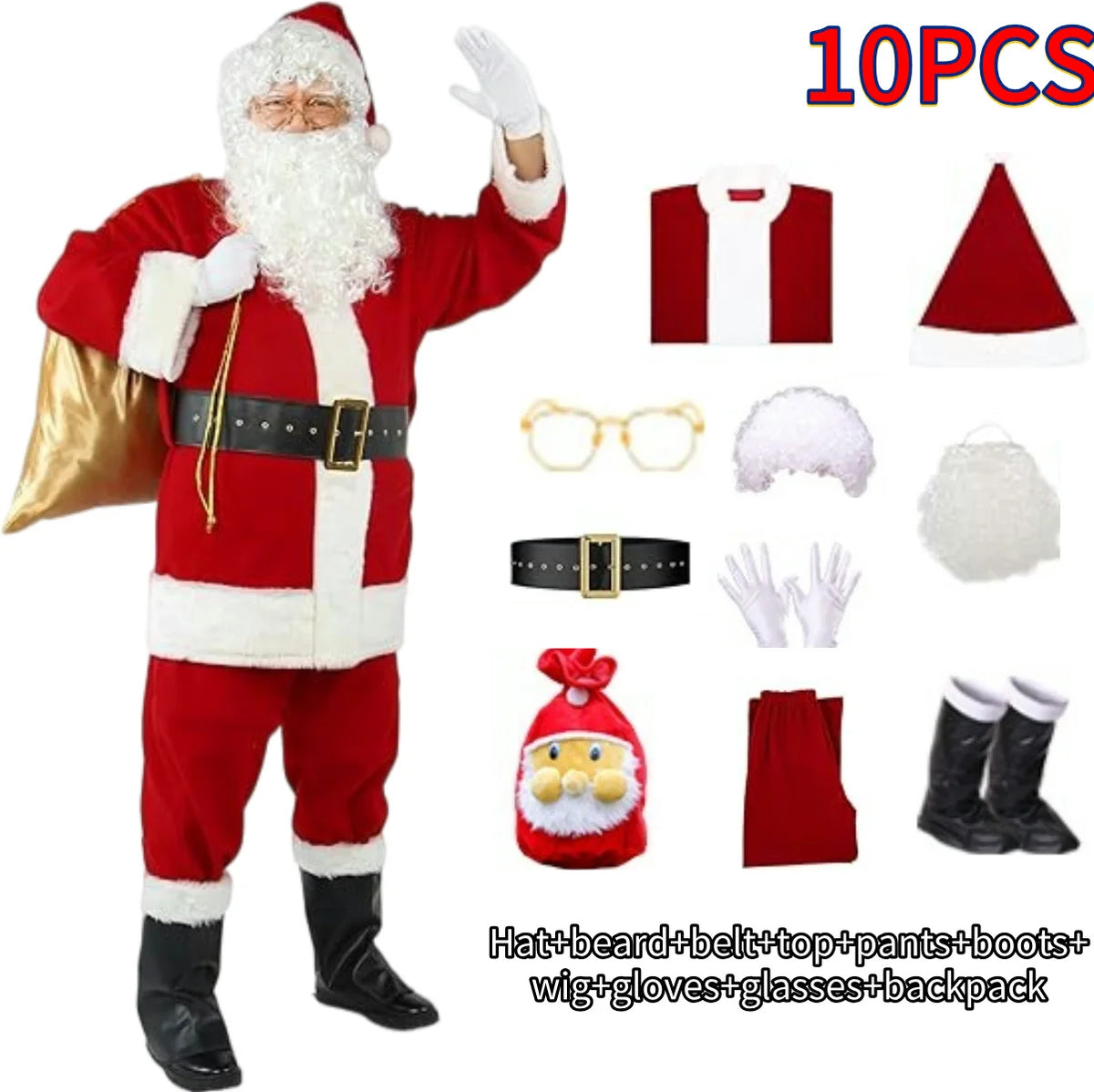 Fantasia Papai Noel Cosplay – Conjunto Veludo Dourado Natal | 5 a 10 Peças Adulto