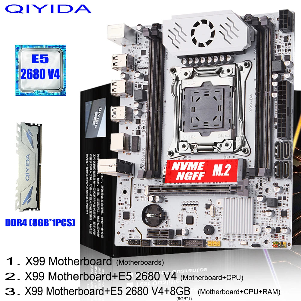 Kit Placa-Mãe QIYIDA X99 com Xeon E5 2680 V4, DDR4 8GB, NVME M.2 e SATA3 – LGA2011-3