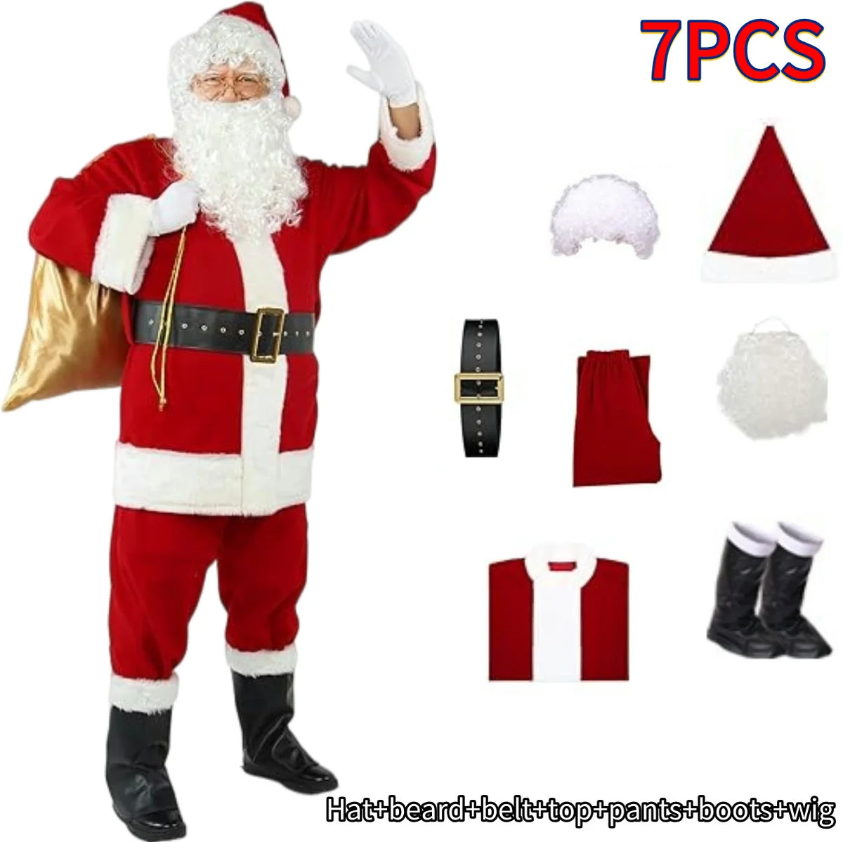 Fantasia Papai Noel Cosplay – Conjunto Veludo Dourado Natal | 5 a 10 Peças Adulto