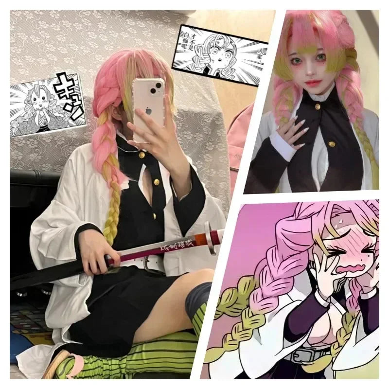 Fantasia Kanroji Mitsuri Cosplay Kit Tattoo – Demon Slayer | Kimono Haori com Peruca