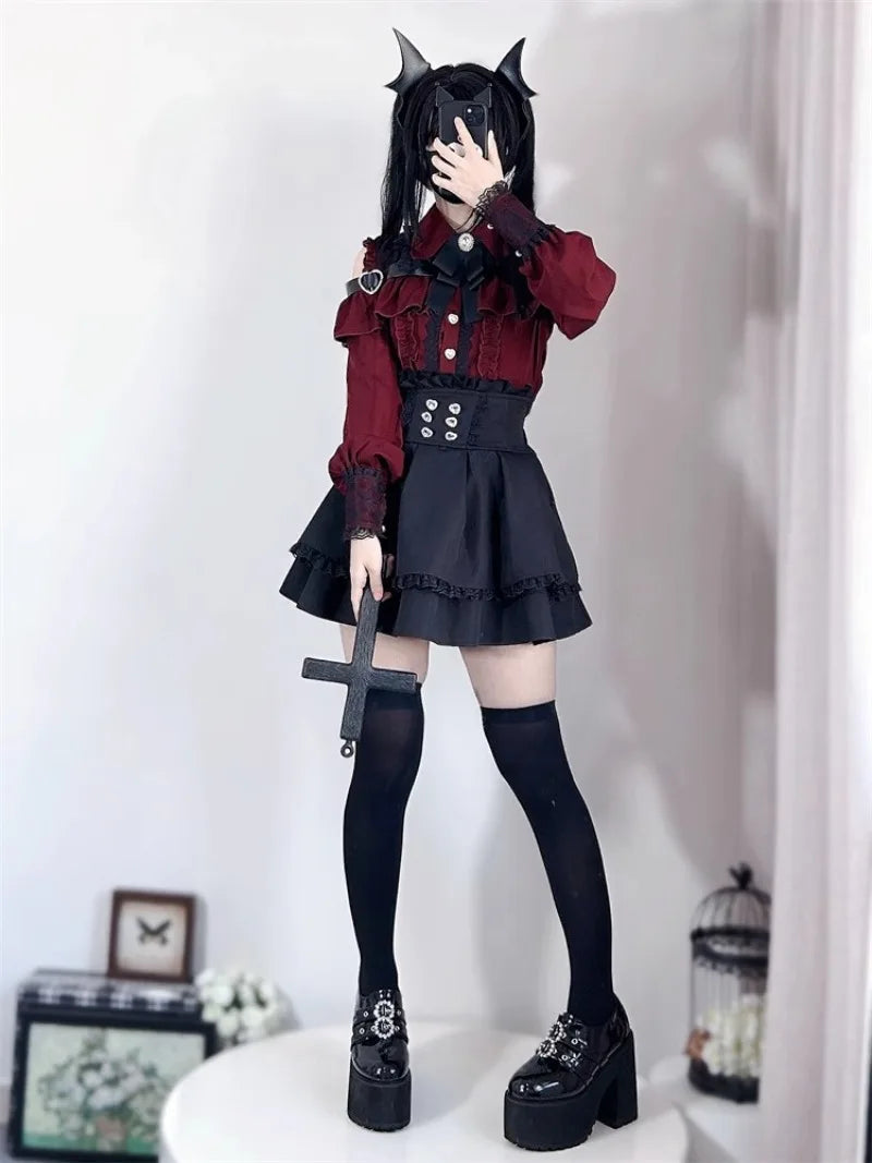 Conjunto Jirai Kei Lolita Y2K – Blusa de Renda Manga Curta/Longa + Saia Preta Kawaii