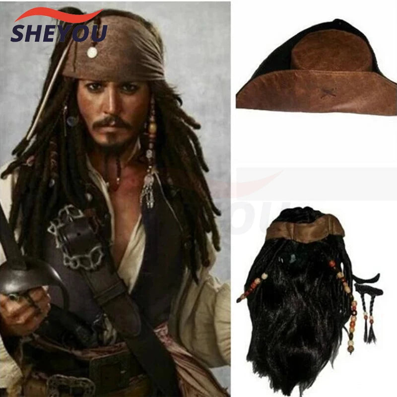 Peruca Jack Sparrow Cosplay – Piratas do Caribe | Cabelo Sintético + Chapéu para Halloween