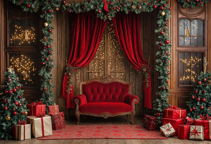 Fundo Fotográfico Mehofond para Natal, Cortinas Vermelhas Internas, Presentes, Á
