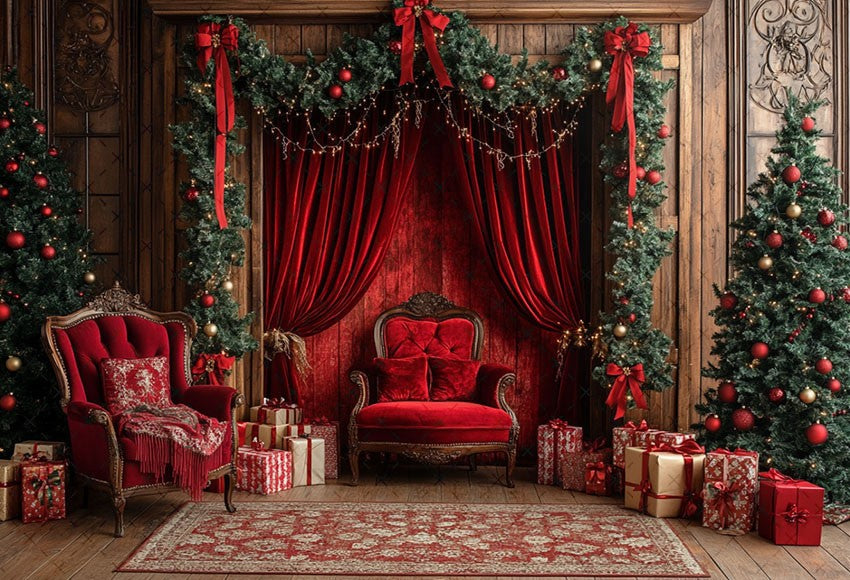 Fundo Fotográfico Mehofond para Natal, Cortinas Vermelhas Internas, Presentes, Á